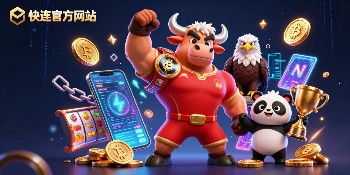 Profitez du jeu avec快连官方网站 et ses personnages animés en célébration, entourés de symboles de la finance numérique.