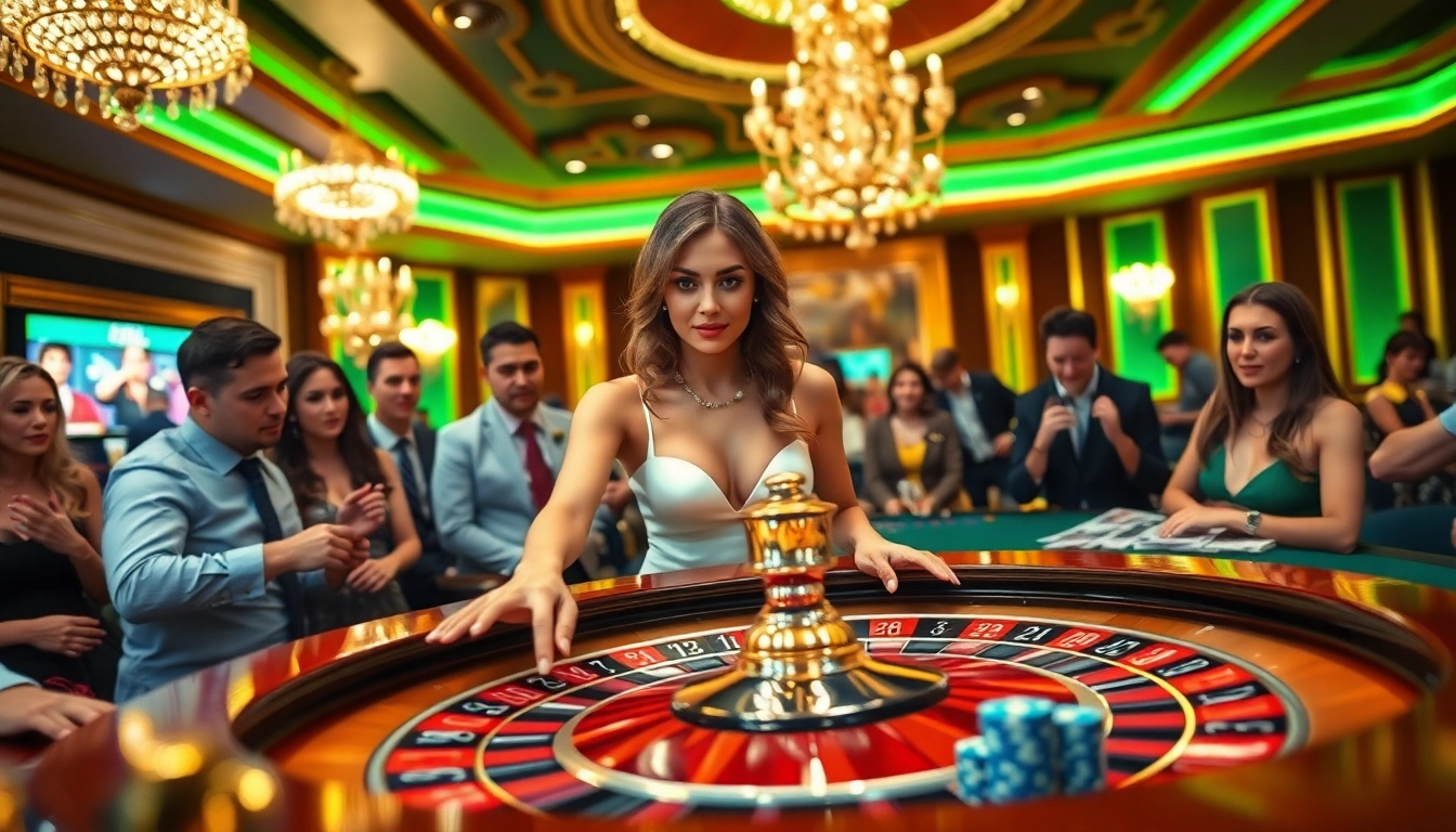 Les joueurs s'amusent dans un casino en ligne animé avec une belle croupière. related image