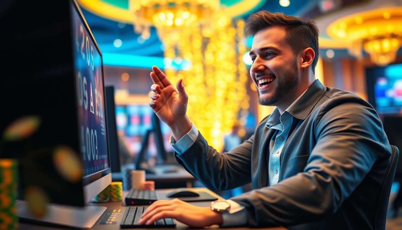 Vibrant celebration at a casino en ligne with a player winning a game.