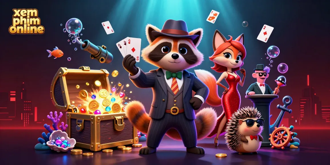 Experience the thrill of xem phim online with a charismatic raccoon showing a royal flush and vibrant game elements.