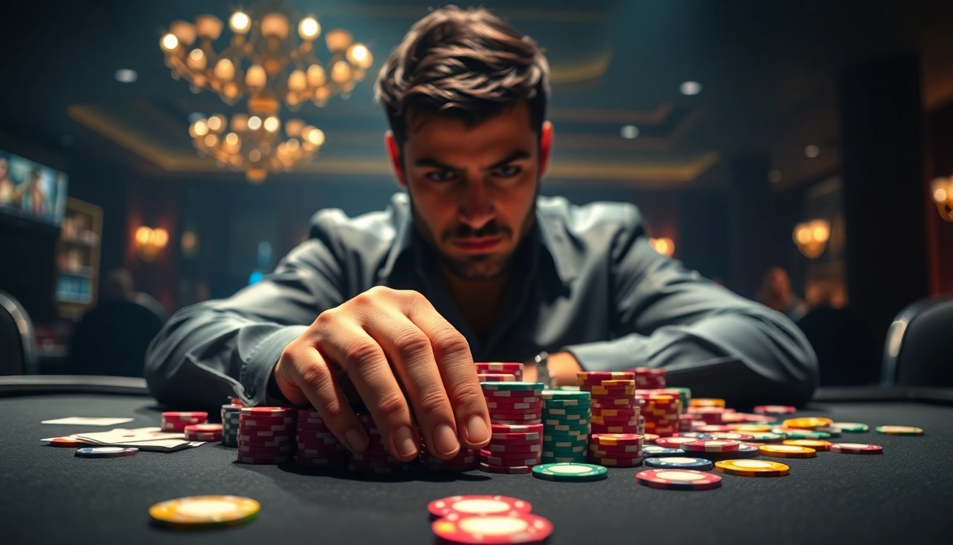 L'intensité d'un joueur de poker dans la meilleure application poker avec des cartes et des jetons colorés.