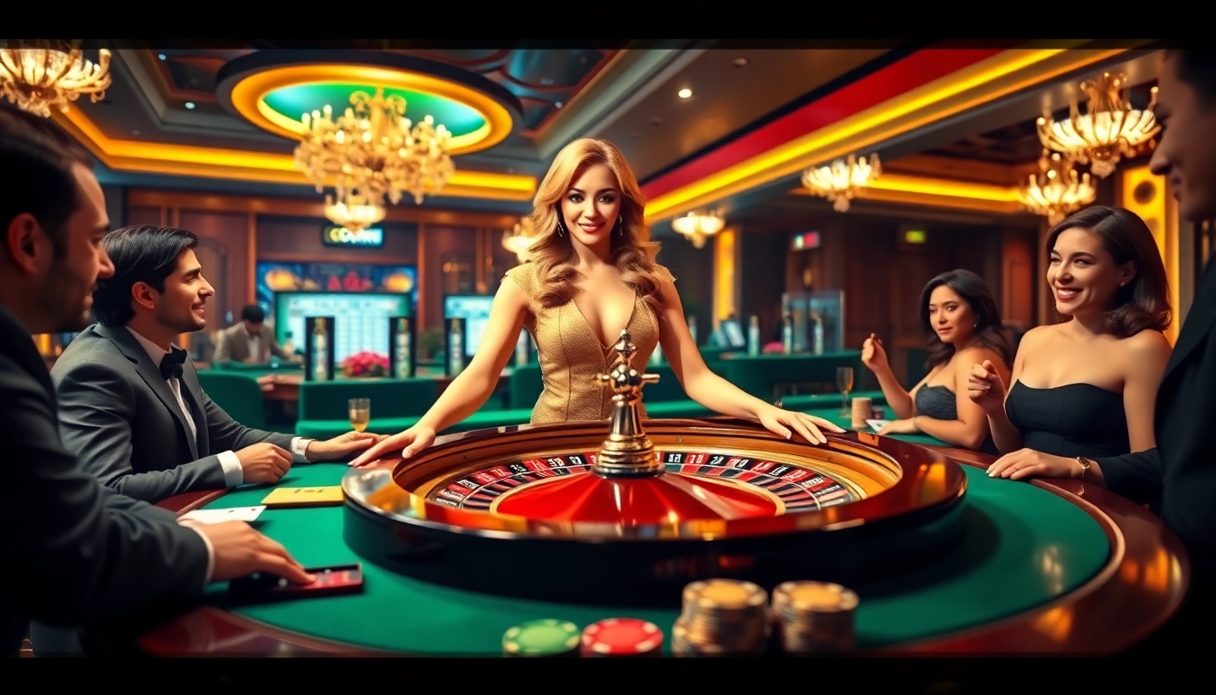 Les joueurs s'amusent dans un casino en ligne animé avec une belle croupière.
