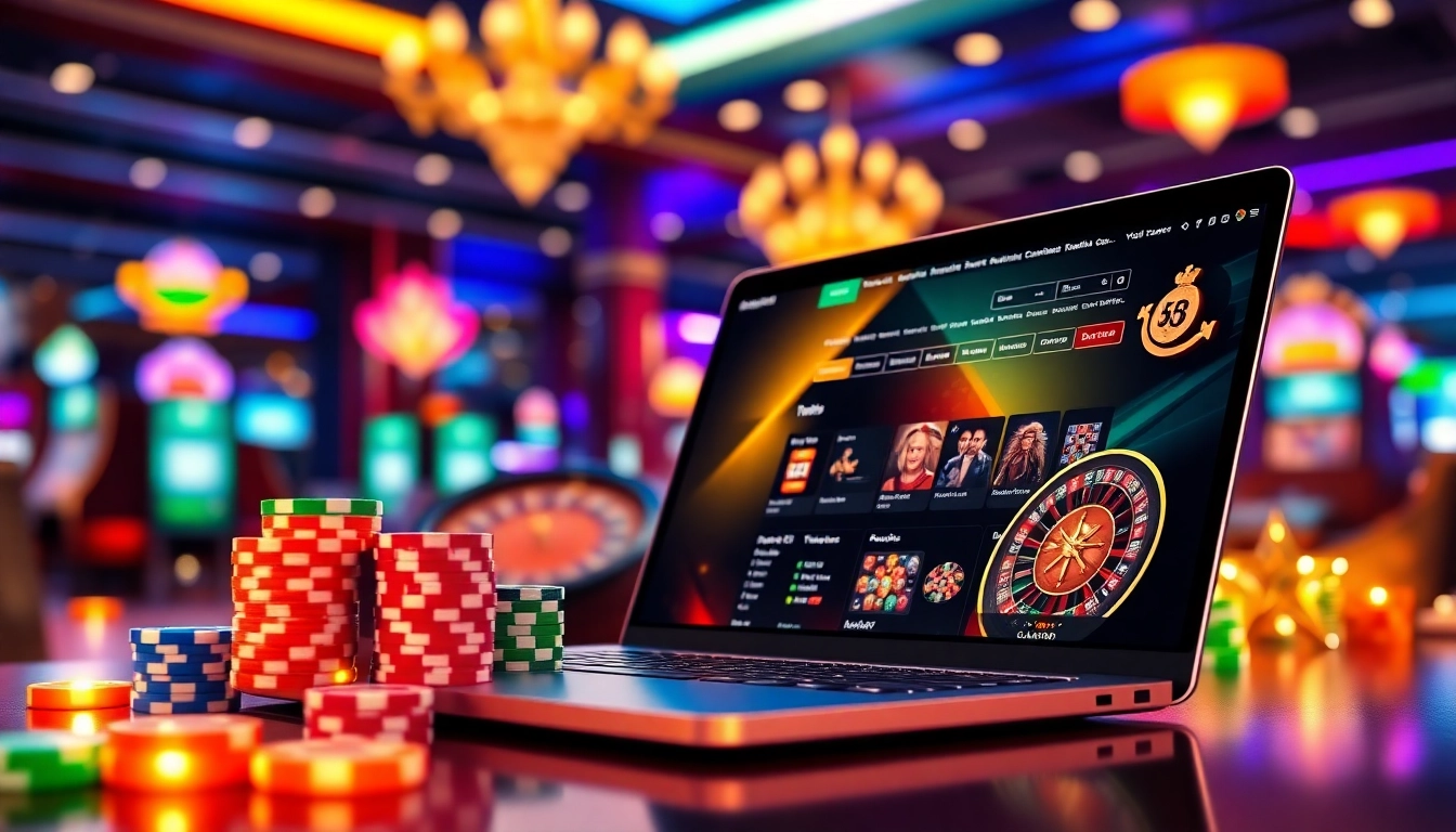 Les options de casino en ligne avec retrait immédiat sur un ordinateur et des éléments de jeu colorés.