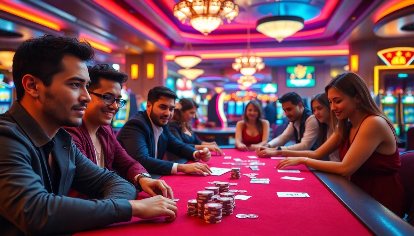 Joueurs engagés au casino sans kyc, ambiance vibrante et excitante, cartes et jetons en vedette.