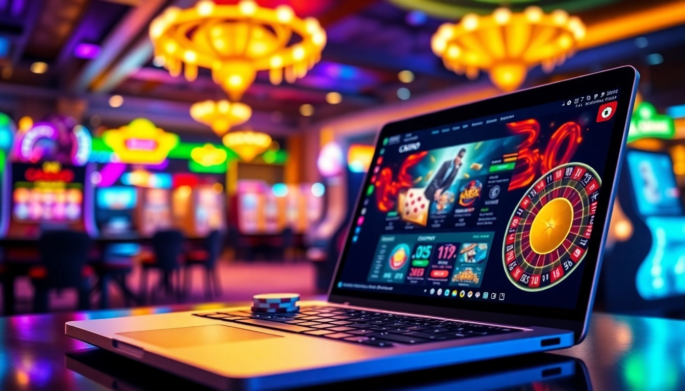 Les options de casino en ligne avec retrait immédiat sur un ordinateur et des éléments de jeu colorés. related image