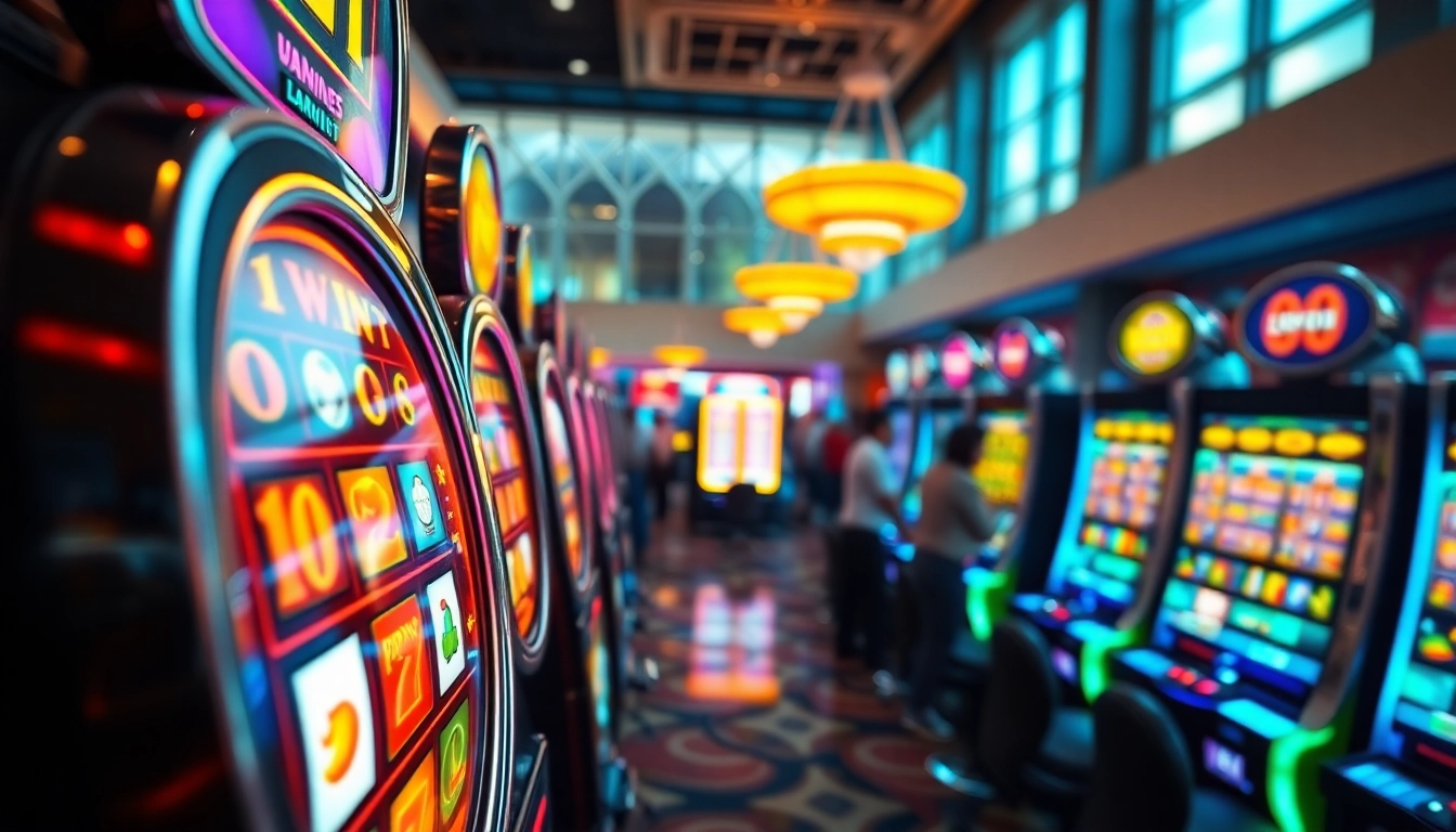 Des joueurs ravis profitent d'une machine à sous casino dans un environnement vibrant.