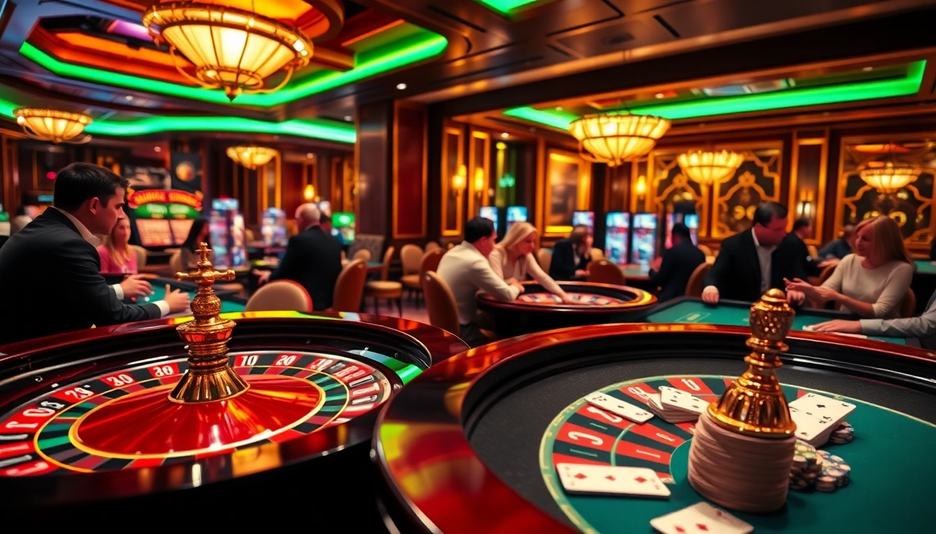 Jouer à des jeux de casino en ligne dans un cadre luxueux et énergique, avec des cartes et une roulette.