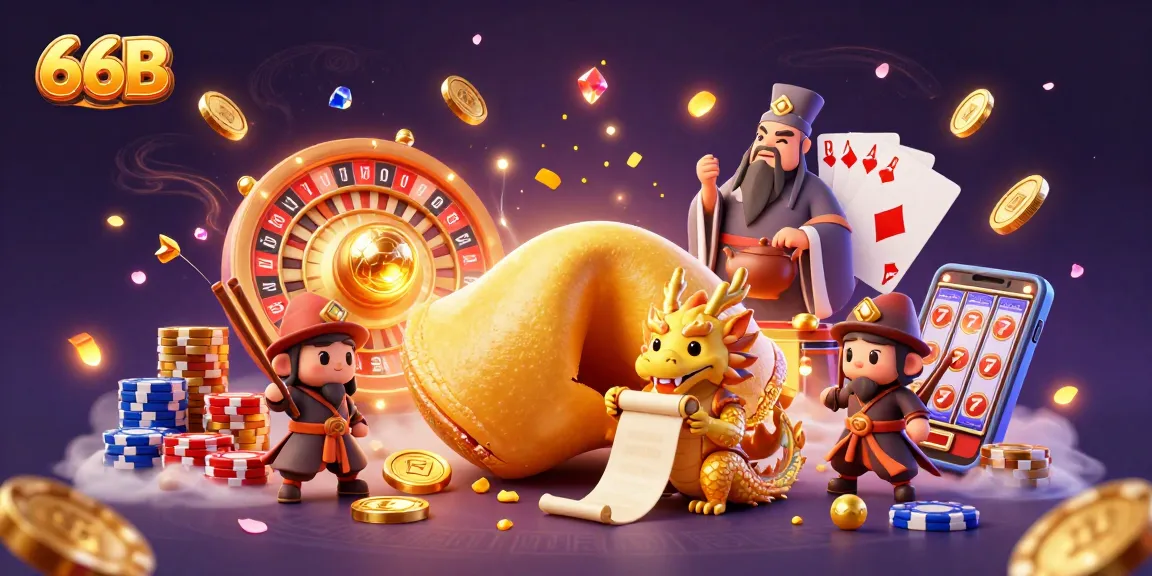 Experience thrilling moments at 66B casino with 3D illustration of whimsical game elements and characters.