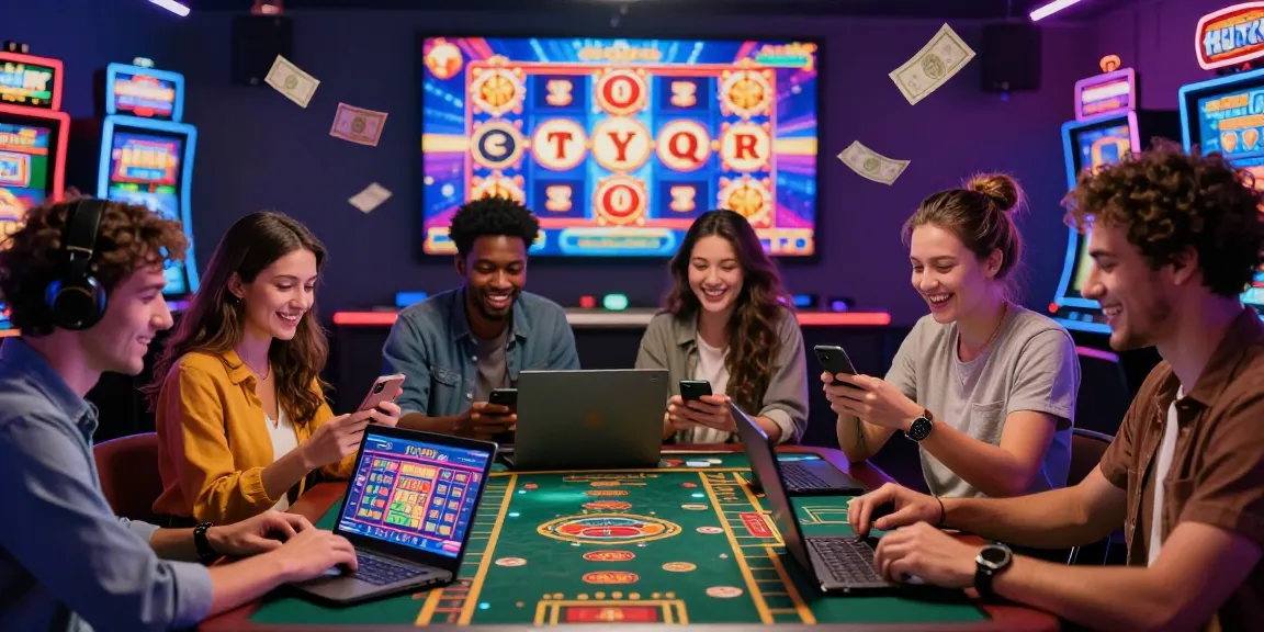 Amis profitant de jeux de casino en ligne, ambiance vibrante, écran de casino visible, expériences amusantes autour du casino en ligne.
