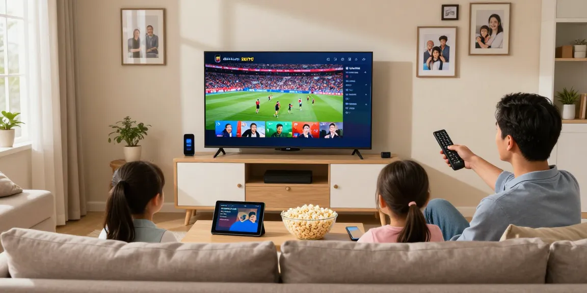 Profitez de l'abonnement IPTV avec la famille devant la télévision en 4K Ultra HD, ambiance chaleureuse et divertissante.