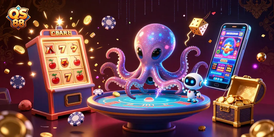 Engage with QS 88's cosmic casino scene featuring a playful octopus and robot at a poker table.