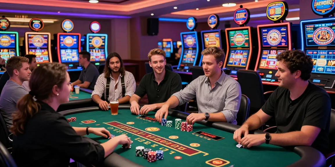 Expérience de casino en ligne dynamique avec joueurs autour des tables, ambiance lumineuse et jeux variés.