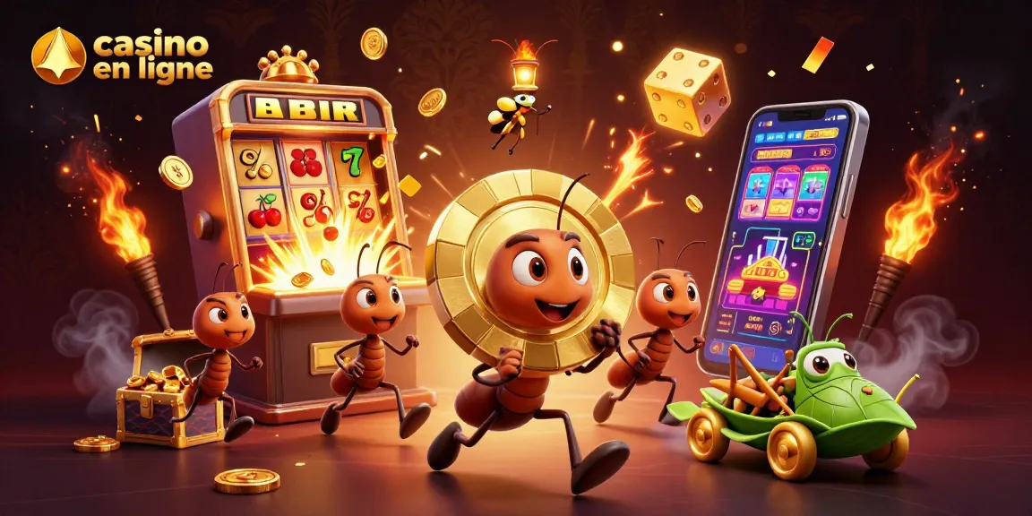 Découvrez l'univers captivant du casino en ligne avec cette illustration animée d'une équipe d'Fourmis transportant un jeton de poker dans un tunnel