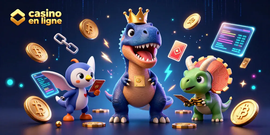 Gagner au casino en ligne avec un T-Rex et des jetons dorés dans une scène animée