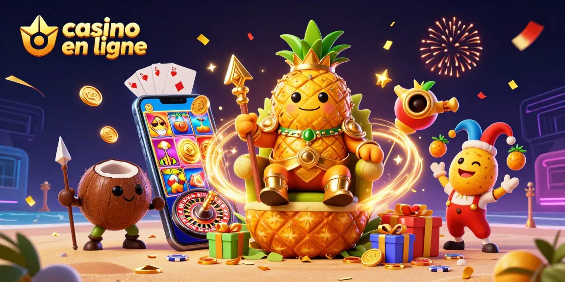 Jouer dans un casino en ligne avec le roi ananas, entouré de gardes et de jeux colorés.