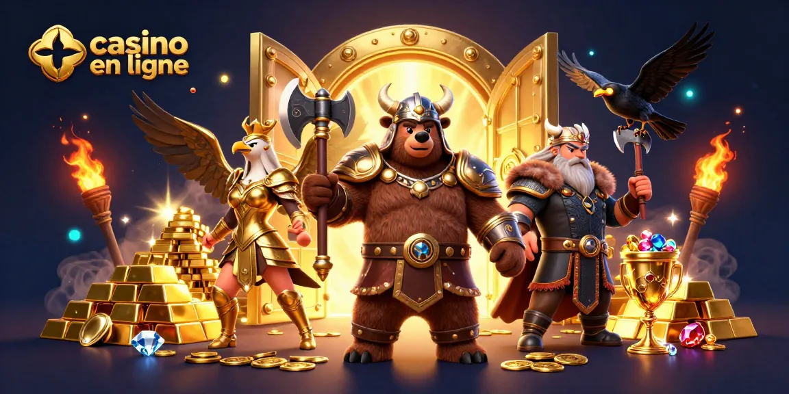 Plongez dans l'univers du casino en ligne avec cette illustration captivante des personnages vikings entourés de richesses.