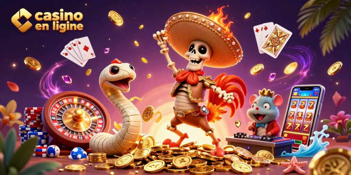Jouez sur casino en ligne avec une illustration dynamique des personnages de casino et des éléments de jeu.