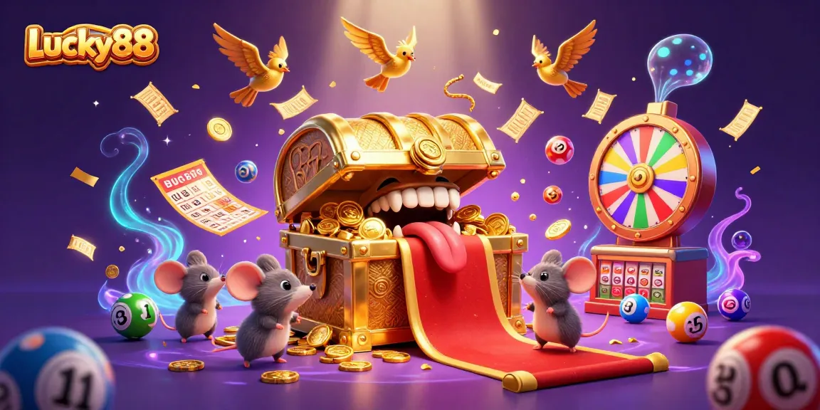 Experience the excitement of Lucky88 with animated lottery elements in a vibrant casino-themed illustration.