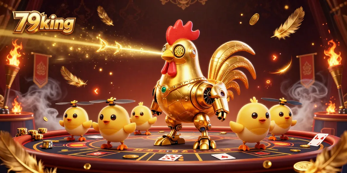 Experience thrilling gameplay with 79king's vibrant casino robots dispensing winning tokens amidst gold.