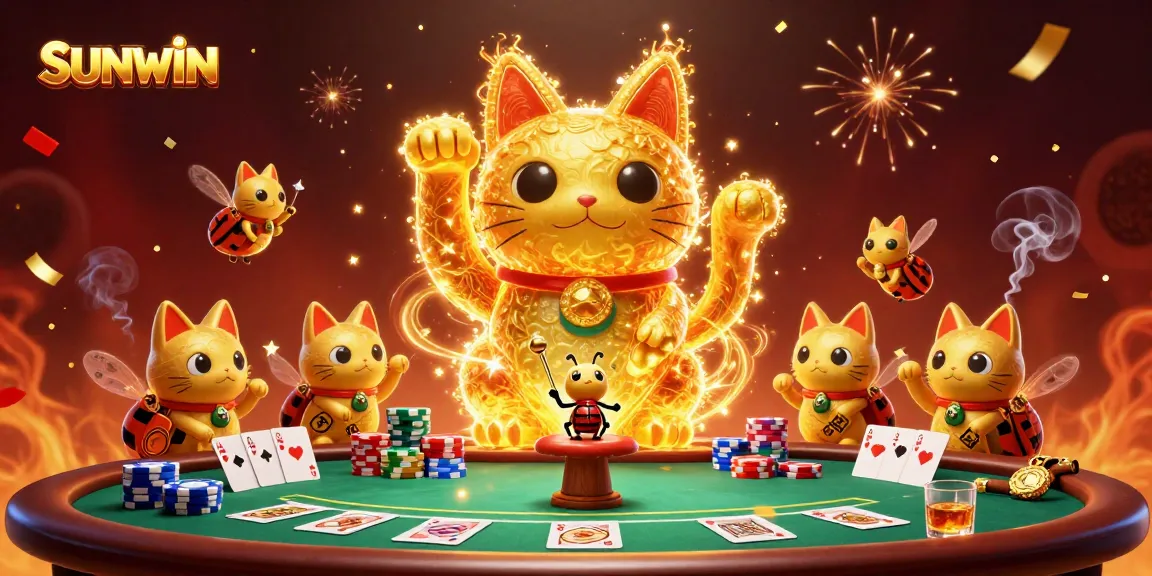 SUNWIN showcases a vibrant 3D casino scene with a lucky cat, fireflies, and poker elements.