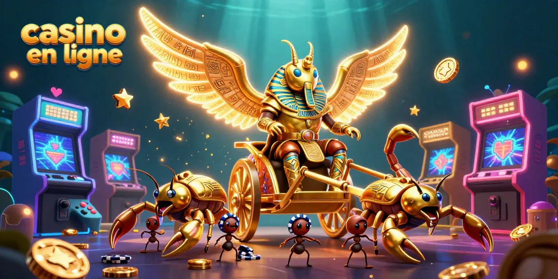 Jouez au casino en ligne avec une illustration dynamique mettant en scène un scarabée colossal en armure et des scorpions, enrichie d'éléments ludiques.
