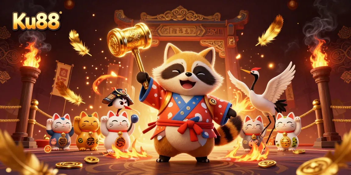 Engage with Ku88's thrilling gaming atmosphere featuring a tanuki and vibrant casino elements.