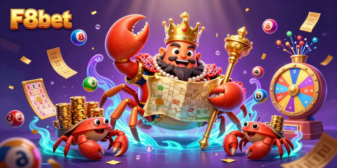 Engage with F8bet through a vibrant and dynamic scene featuring a golden crab emperor in a lively casino atmosphere.