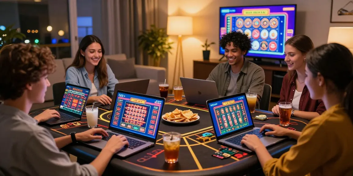 Scène de jeu amusante avec des amis jouant à un casino en ligne sur leurs appareils, ambiance conviviale et moderne.