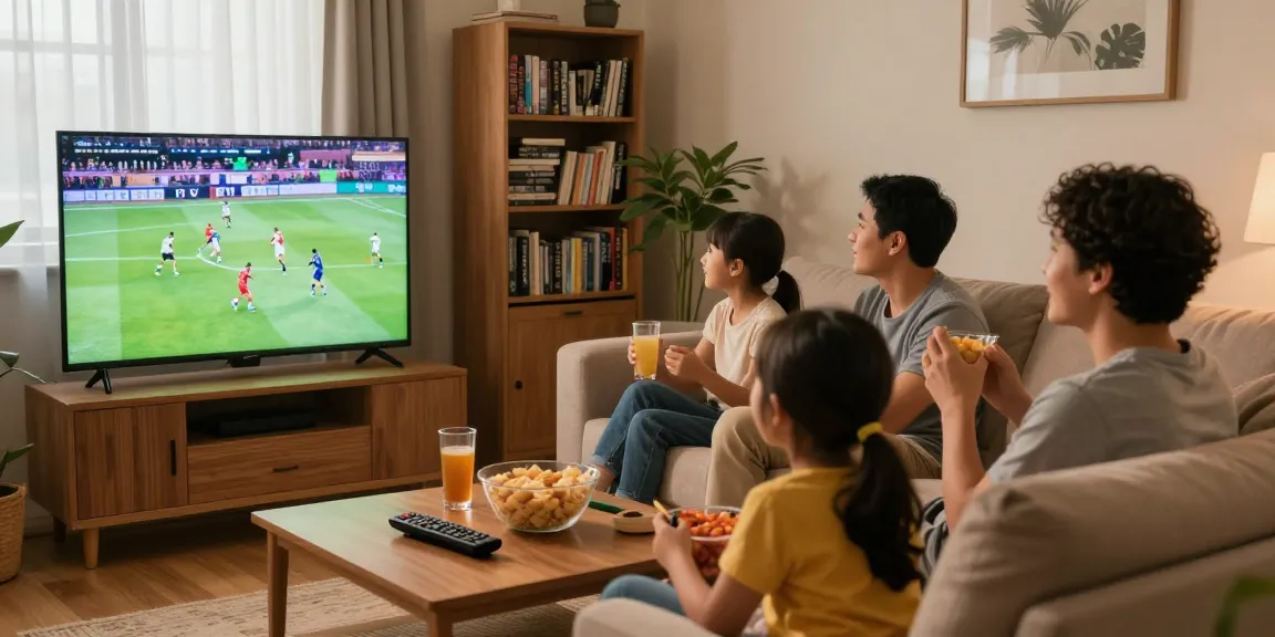 Famille regardant un abonnement IPTV dans un salon confortable, expérience télévisuelle enrichissante.