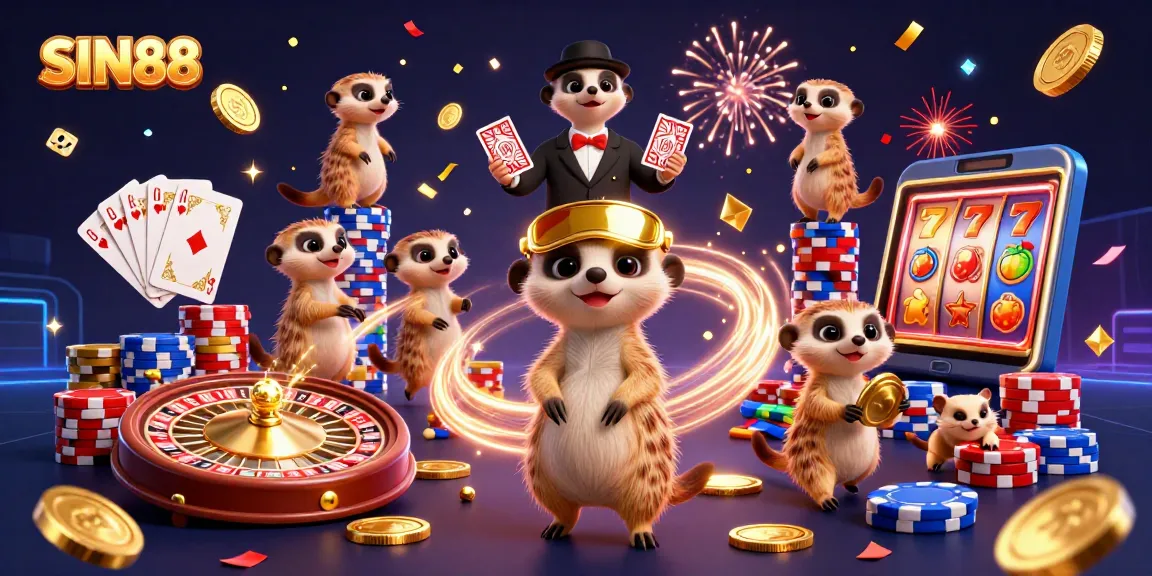 SIN88 meerkats running an exciting casino operation with slot games and vibrant elements