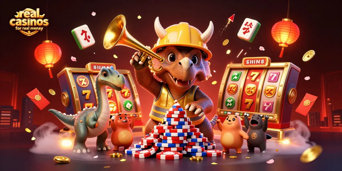 Cheerful scene celebrating real casinos for real money with cartoon dinosaurs building poker chip pyramid.