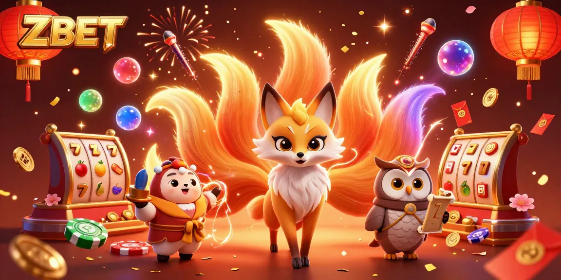 ZBET showcases a vibrant casino scene filled with a nine-tailed fox and owl sage amidst colorful celebrations.