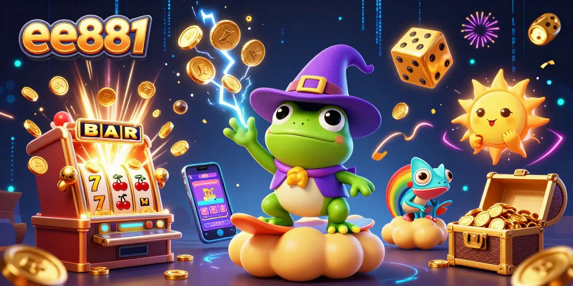 Experience the excitement of ee881 with a dynamic 3D casino illustration featuring enchanting characters amidst a golden coin storm.