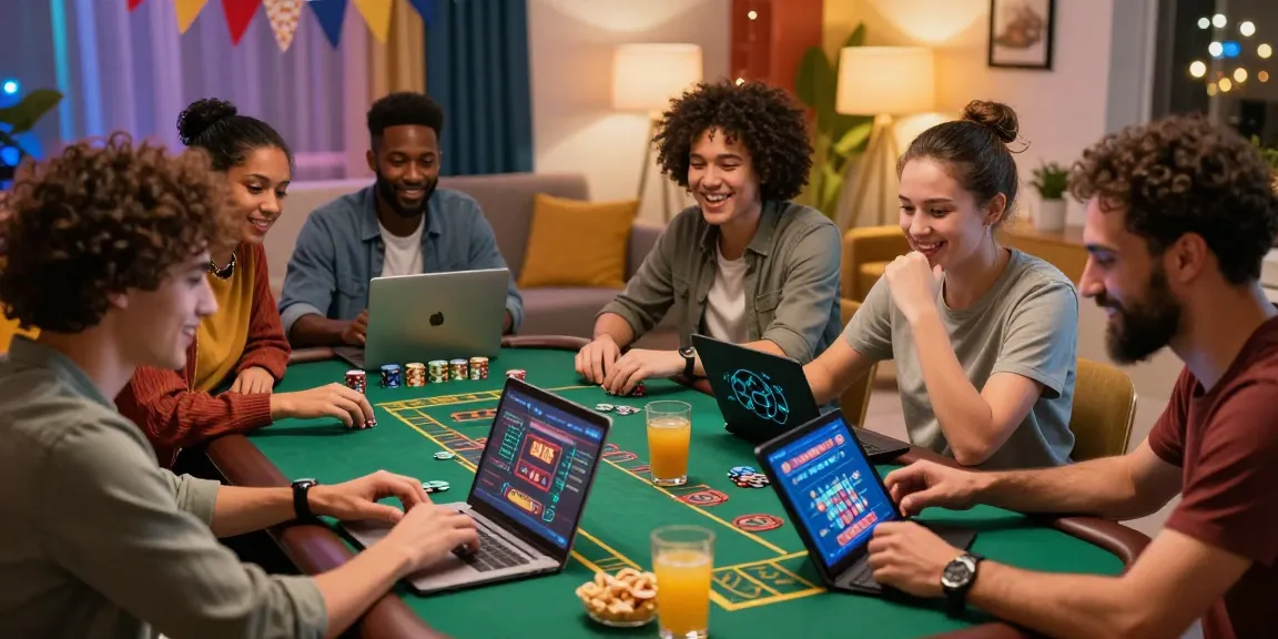 Amis jouant ensemble à des jeux de casino en ligne, ambiance chaleureuse et conviviale.