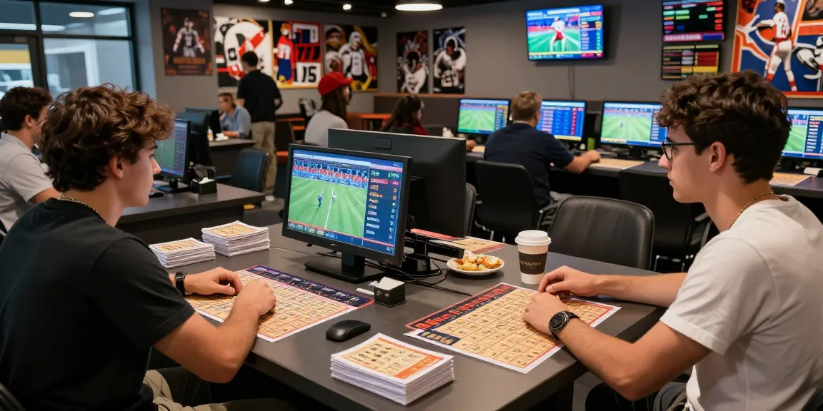 Des parieurs dans un environnement de bookmaker sans limite de mise, entourés d'écrans d'odds et de souvenirs sportifs.