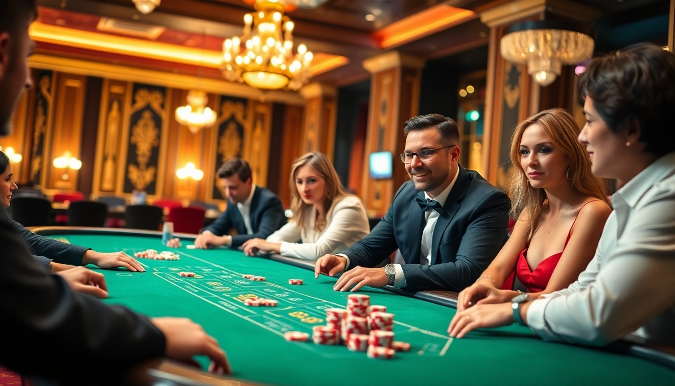 Des joueurs captivés tout en jouant au casino en ligne avec des jetons brillants sur la table.