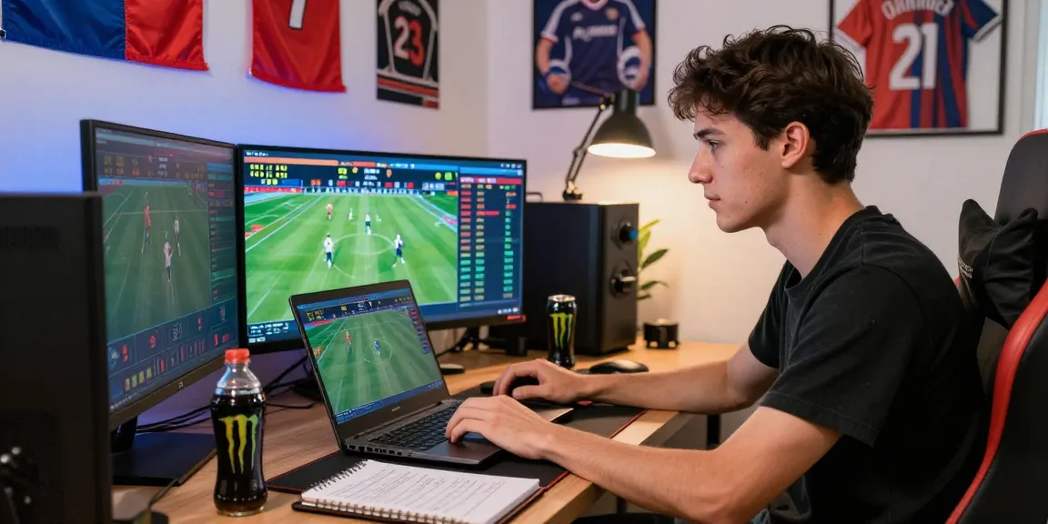 Homme pariant en ligne sur un bookmaker sans limite de mise dans un bureau moderne, entouré de matériel de sport et de boissons énergétiques.