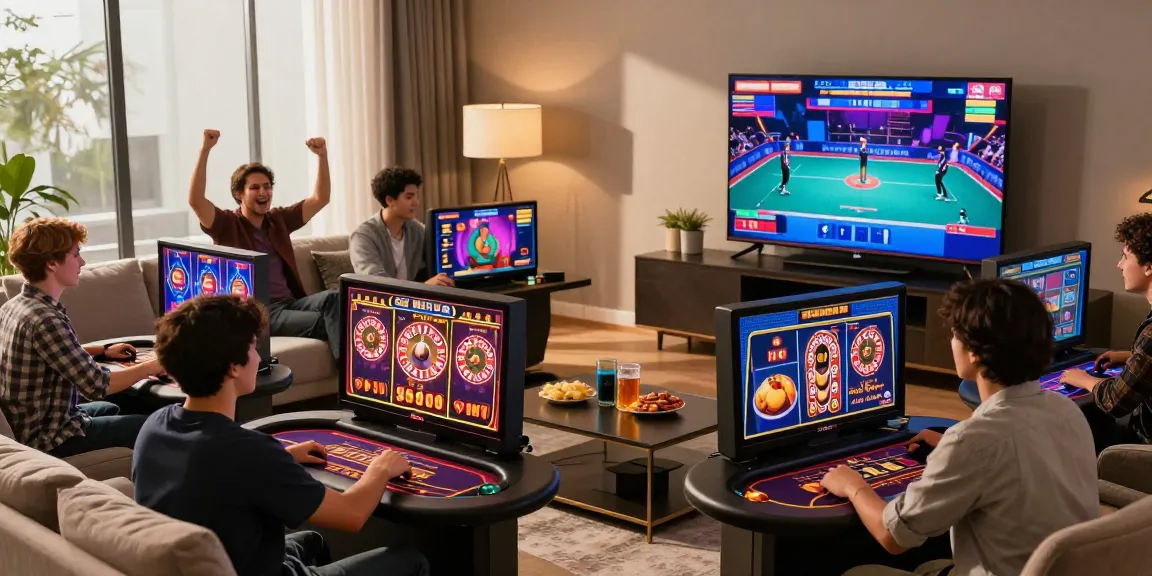 Ambiance de casino en ligne avec des joueurs engagés, jeux colorés et enthousiasme palpable.