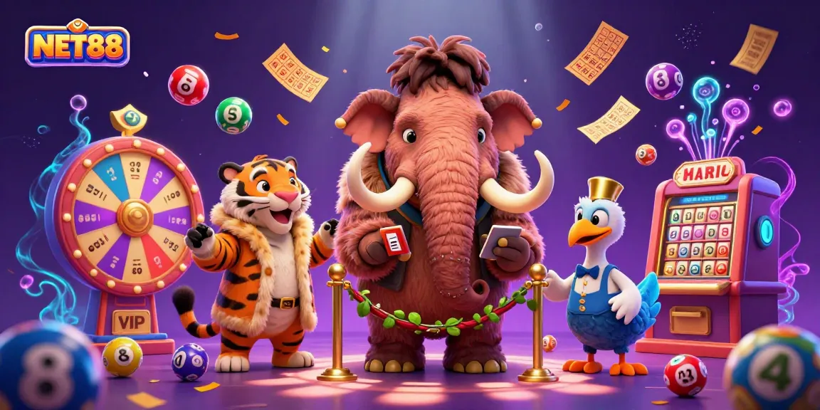 Engage with NET88's vibrant lottery scene featuring a woolly mammoth bouncer, saber-tooth tiger guest, and dodo doorman in a casino.