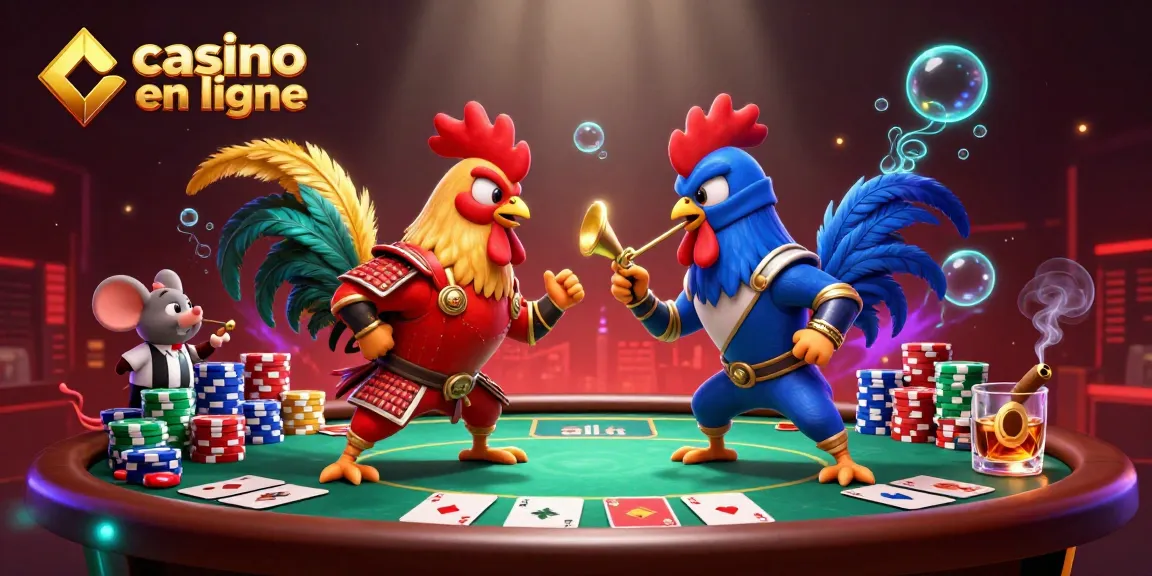 Jouez à des jeux passionnants dans un casino en ligne avec un affrontement dramatique entre deux coqs.