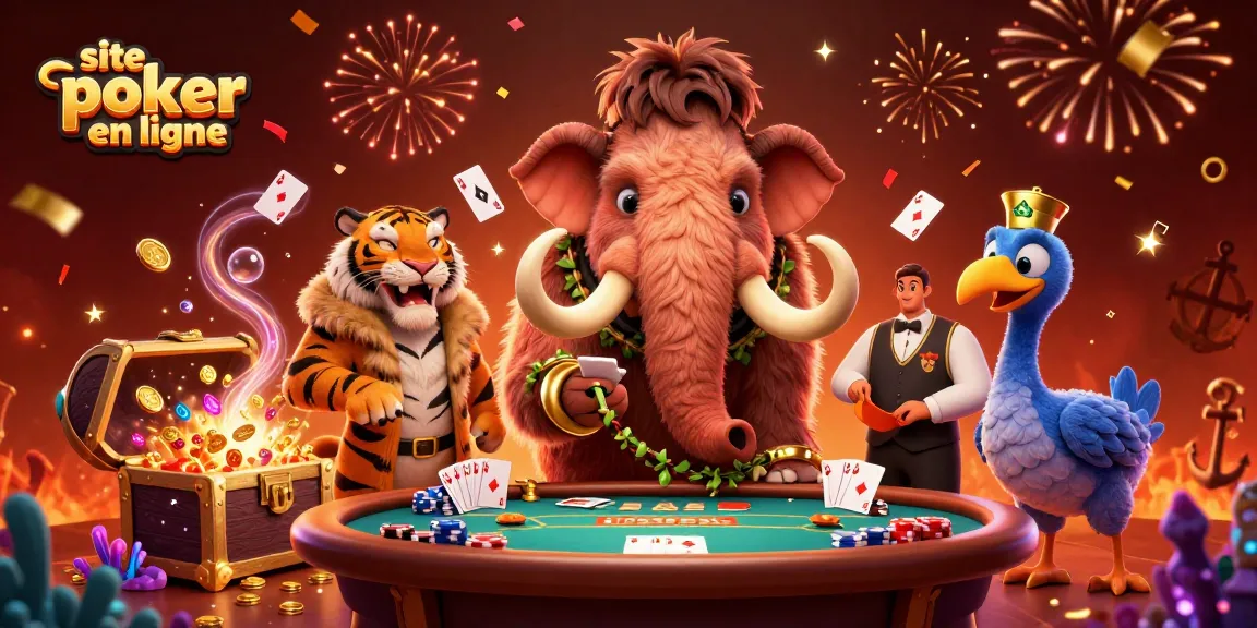 Jouer sur un site poker en ligne avec des personnages animés dans une ambiance festive.