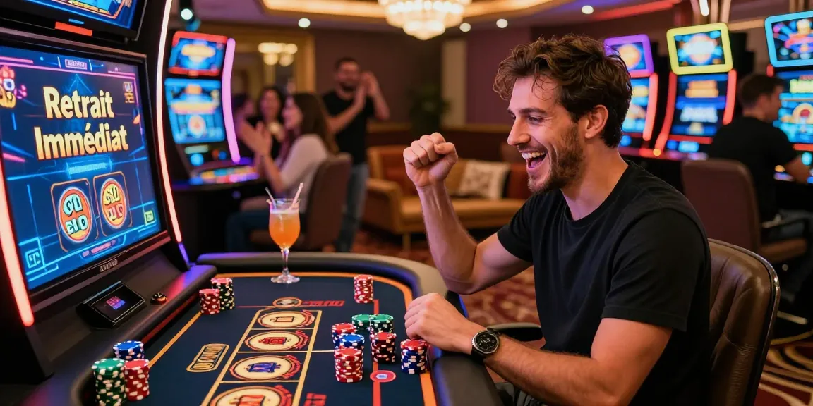 Casino en ligne retrait immédiat : Joueur célébrant un gain au casino avec ambiance joyeuse et élégante.