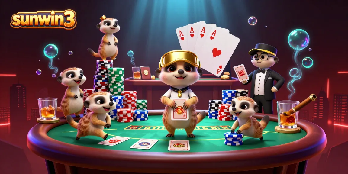 Experience thrilling action in sunwin3's vibrant casino scene with meerkats, poker, and chips.