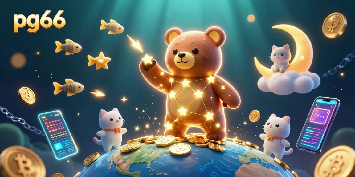 Engage with thrilling gameplay at pg66, where a constellation bear scoops coins amidst vibrant casino elements.