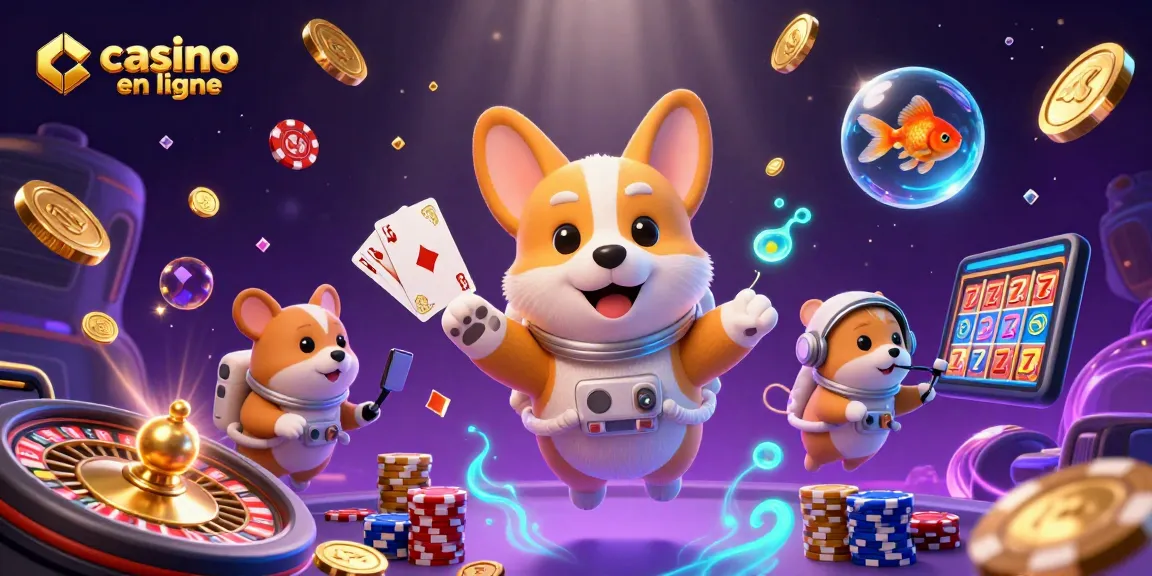 Casino en ligne avec un corgi astronaute flottant et des jetons de poker autour dans une station spatiale.