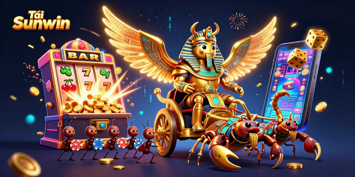 Play exciting casino games with Tải Sunwin featuring vibrant slot machines and a heroic scarab beetle.