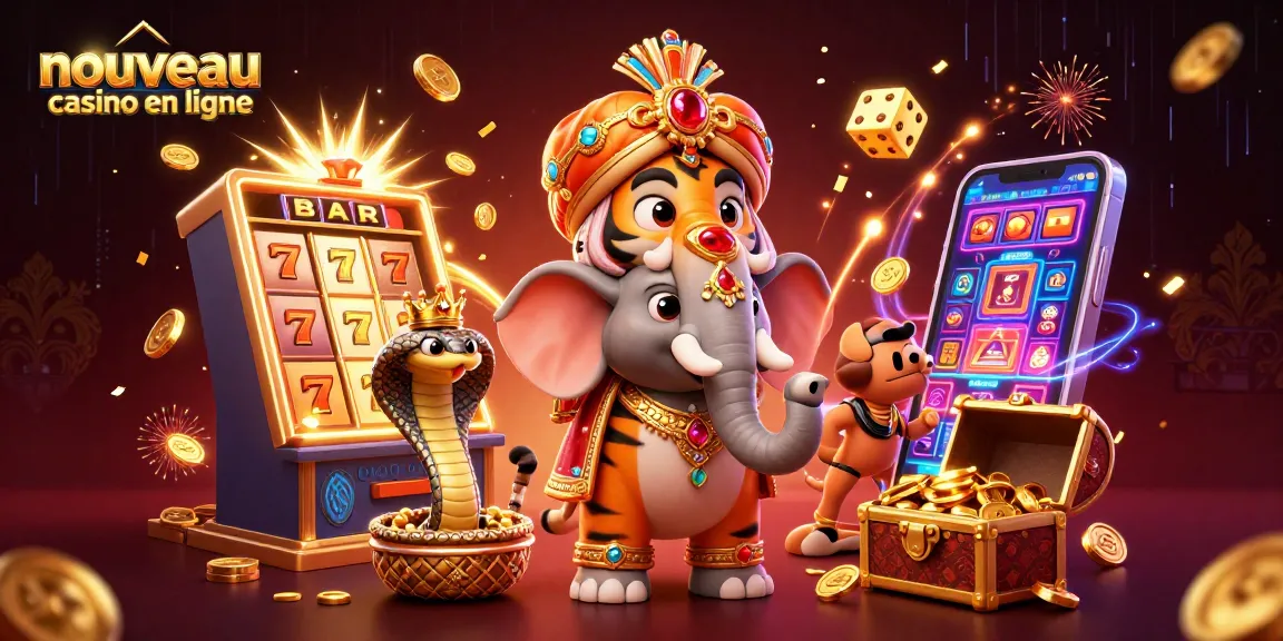Jouez à nouveau casino en ligne avec un tigre maharaja et une machine à sous colorée dans une ambiance festive.