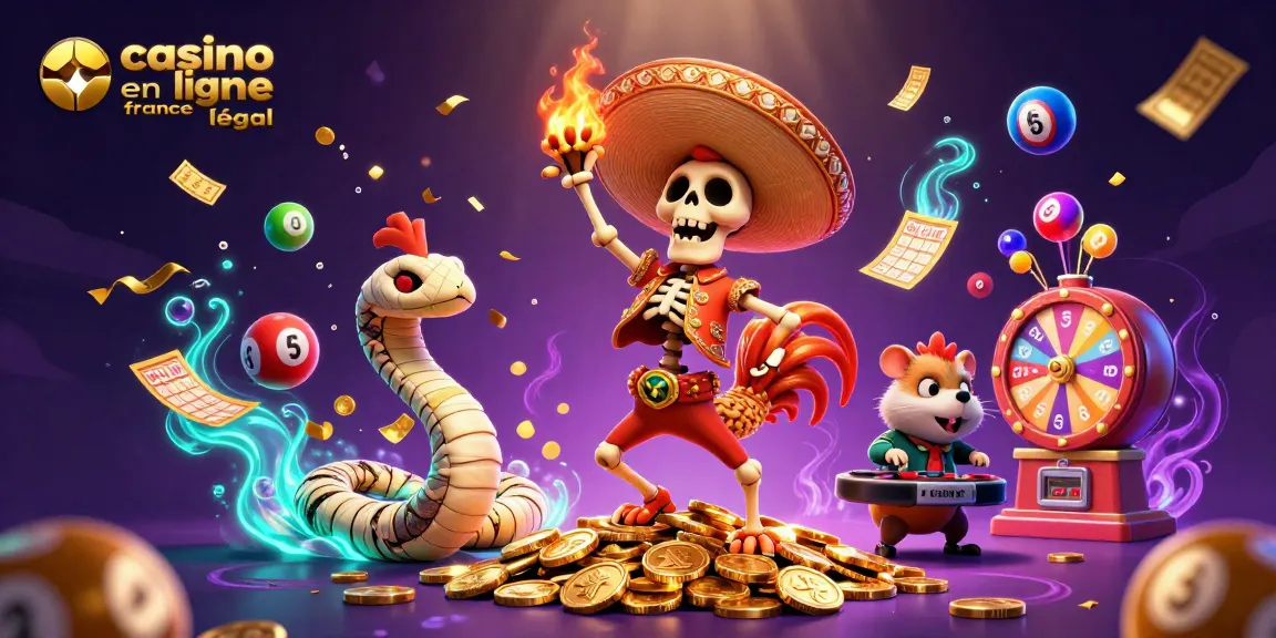 Illustration dynamique de casino en ligne France légal, avec des personnages amusants et jeux d'argent colorés.