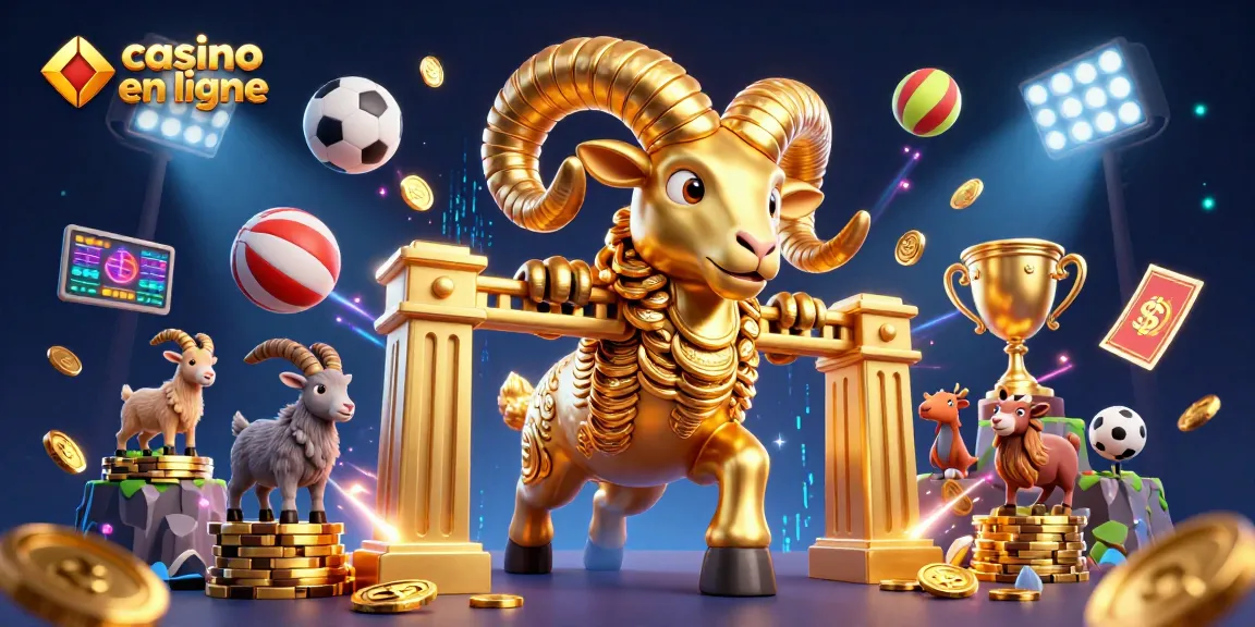 Profitez de l'expérience dynamique d'un casino en ligne avec un bélier doré, des ballons de sport et des éléments festifs.