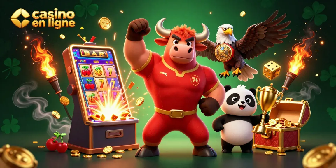 Visitez un casino en ligne captivant avec un taureau gagnant, un aigle et un panda, vibrant de jackpots et d'excitation.